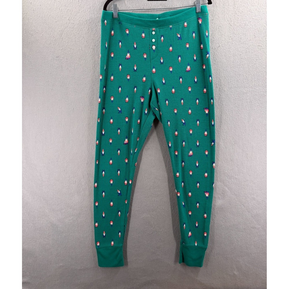 Old Navy Pajama Thermal Bottoms Womens XL Green Gnome Print Waffle Knit Leggings